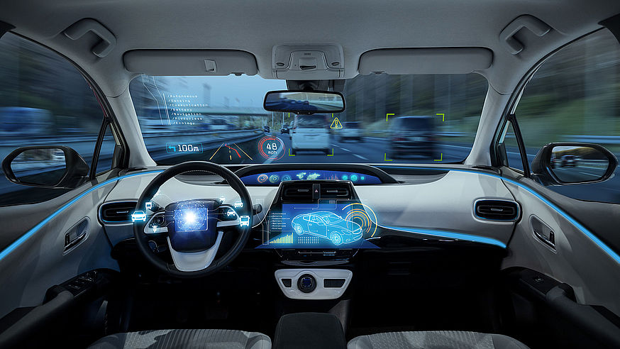 empty cockpit of vehicle, HUD(Head Up Display) and digital speedometer, autonomous car, diriverless vehicle